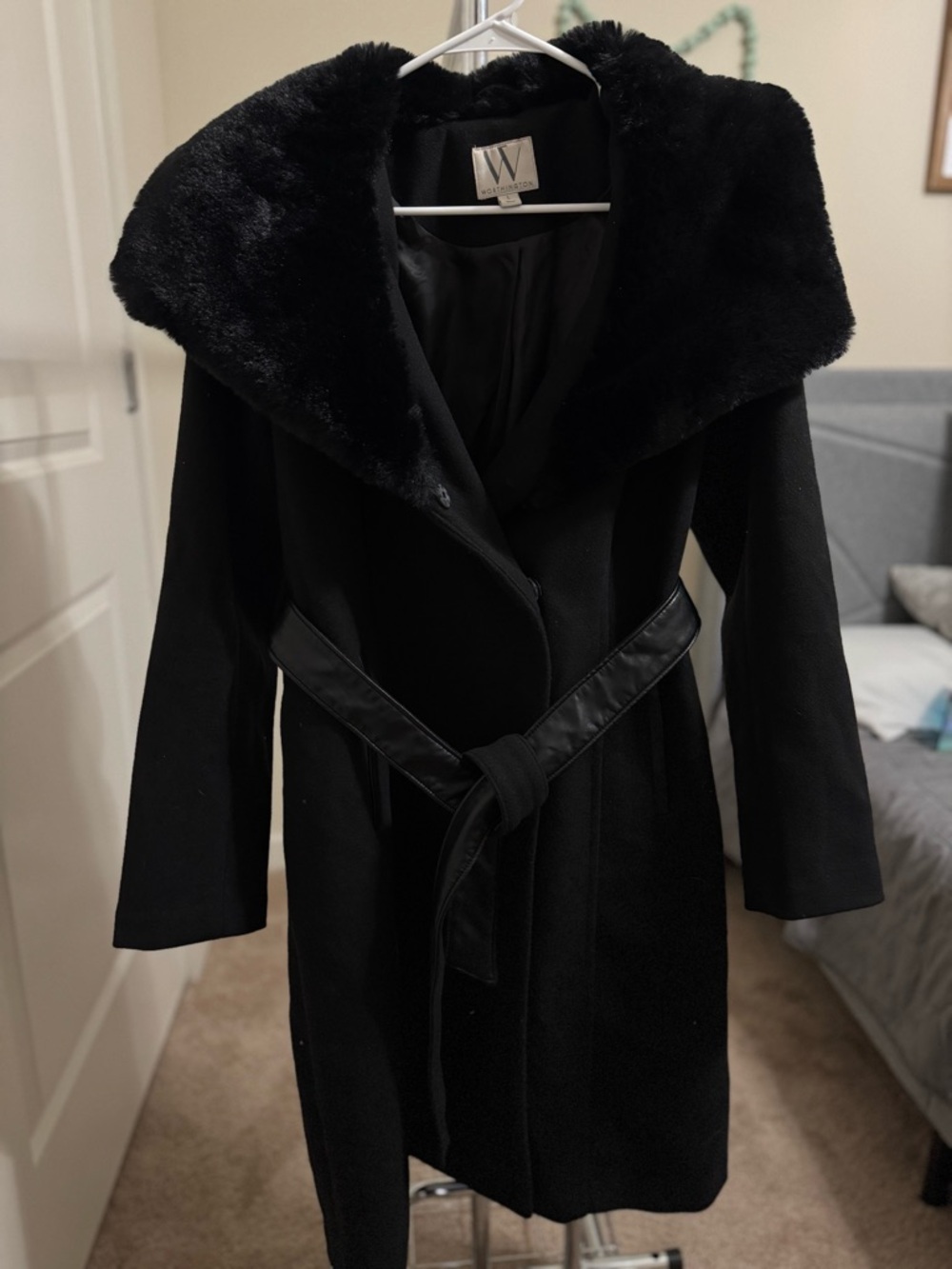 Worthington Black Faux-Fur Collar Wool Trench Coat
